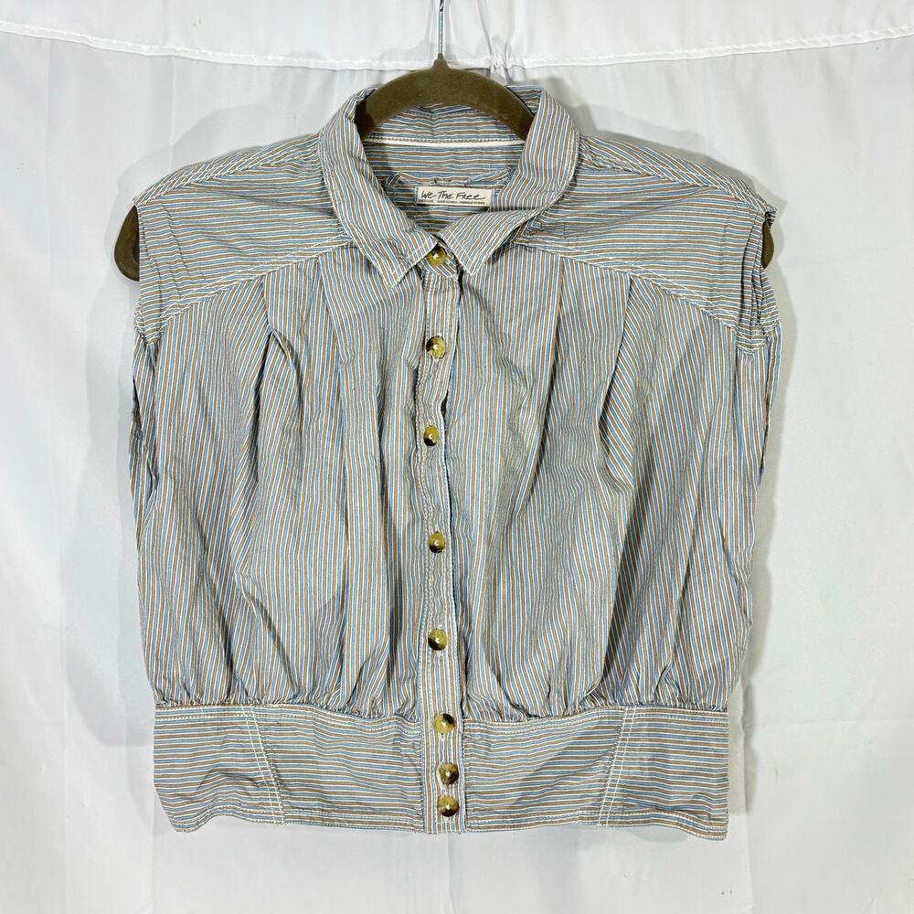 Free People We The Free Cassie Stripe Sleeveless Crop Shirt Blue Tan Medium - Picture 4 of 5